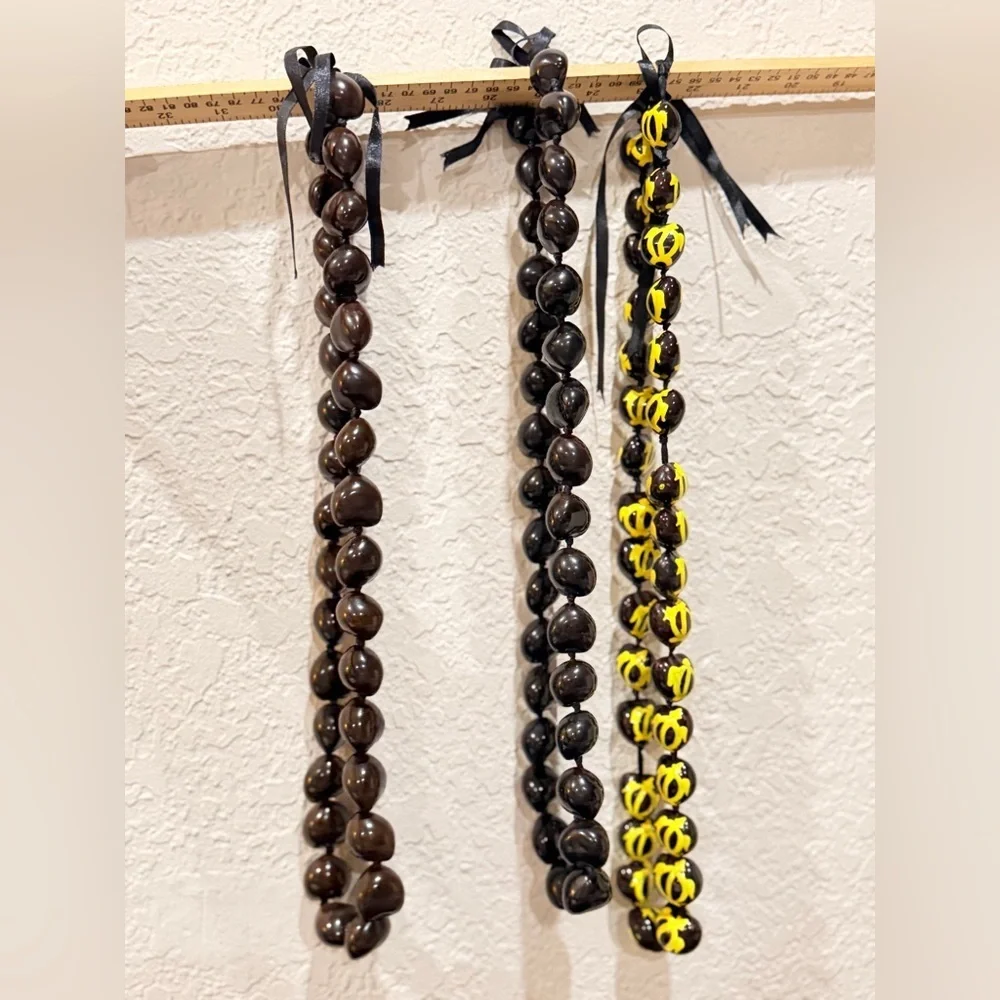 3 Hawaiian Leí Style Kukui Nut Bead Necklace, 1 Painted Yellow turtle & 2 brown